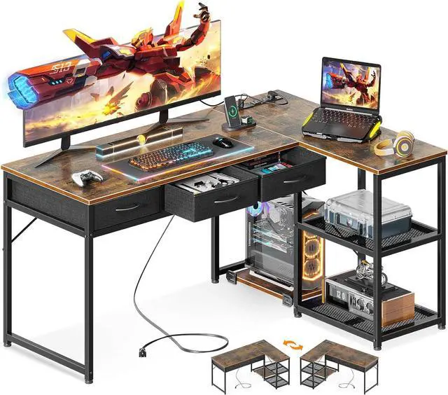 Main image of 53" L Shaped Desk with Drawers, Computer Desk with Storage Shelves and USB Ports, Corner Desk for Home Office Sturdy Writing Workstation, Gaming Desk, Easy to Assemble, Vintage