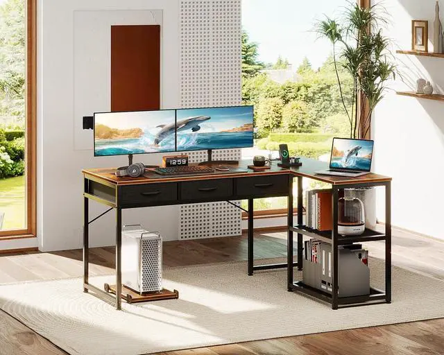 Alt view image 2 of 7 - 53" L Shaped Desk with Drawers, Computer Desk with Storage Shelves and USB Ports, Corner Desk for Home Office Sturdy Writing Workstation, Gaming Desk, Easy to Assemble, Vintage