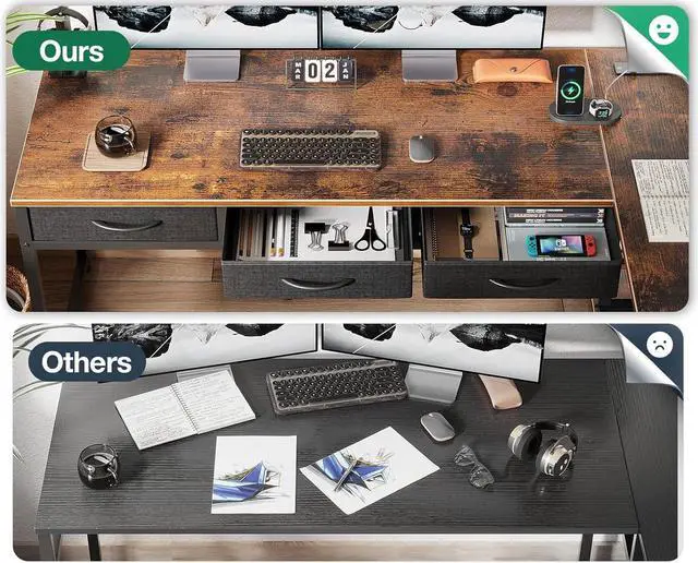 Alt view image 7 of 7 - 53" L Shaped Desk with Drawers, Computer Desk with Storage Shelves and USB Ports, Corner Desk for Home Office Sturdy Writing Workstation, Gaming Desk, Easy to Assemble, Vintage