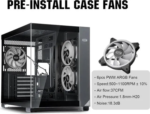 Alt view image 7 of 7 - ARGB PC Case Mid Tower Desktop Computer Gaming Superior Case for ATX/M-ATX/ITX with 6 ARGB Case Fans,Column-Free Design,360MM Radiator&400MM GPU Support,Easy Installation - Black
