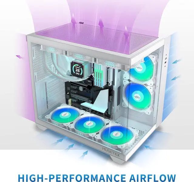 Alt view image 2 of 6 - ATX PC Case,5 PWM ARGB Fans Pre-Installed,360MM RAD Support,Type-C Gaming 270° Full View Tempered Glass Mid Tower Pure White ATX Computer Case,Y6