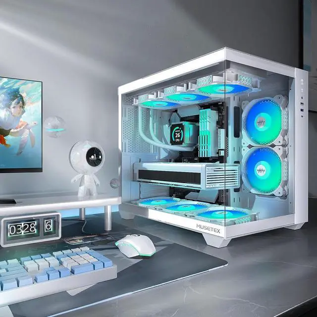 Alt view image 6 of 6 - ATX PC Case,5 PWM ARGB Fans Pre-Installed,360MM RAD Support,Type-C Gaming 270° Full View Tempered Glass Mid Tower Pure White ATX Computer Case,Y6