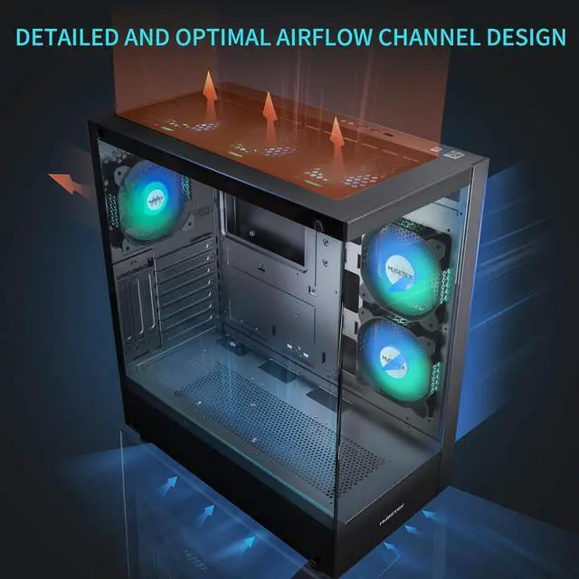 Alt view image 3 of 6 - PC CASE ATX 6 PWM ARGB Fans Pre-Installed, Type-C Mid Tower Computer Case with Full View Dual Tempered Glass, Gaming PC Case,Black