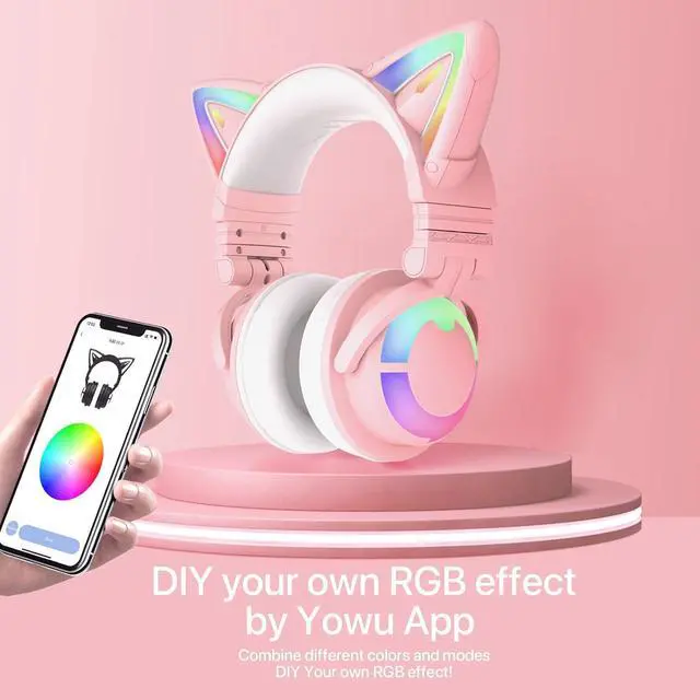 Alt view image 5 of 7 - YOWU RGB Cat Ear Headphone 3G Wireless 5.0 Foldable Gaming Pink Headset with 7.1 Surround Sound, Built-in Mic & Customizable Lighting and Effect via APP, Type-C Charging Audio Cable -Pink