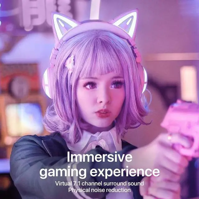 Alt view image 4 of 7 - YOWU RGB Cat Ear Headphone 3G Wireless 5.0 Foldable Gaming Pink Headset with 7.1 Surround Sound, Built-in Mic & Customizable Lighting and Effect via APP, Type-C Charging Audio Cable -Pink