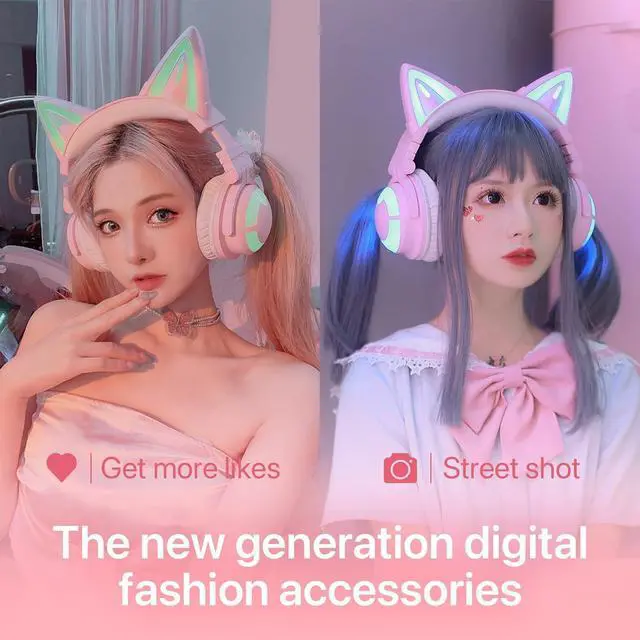 Alt view image 3 of 7 - YOWU RGB Cat Ear Headphone 3G Wireless 5.0 Foldable Gaming Pink Headset with 7.1 Surround Sound, Built-in Mic & Customizable Lighting and Effect via APP, Type-C Charging Audio Cable -Pink