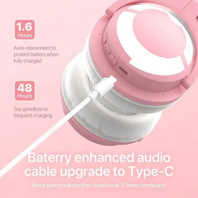 Alt view image 7 of 7 - YOWU RGB Cat Ear Headphone 3G Wireless 5.0 Foldable Gaming Pink Headset with 7.1 Surround Sound, Built-in Mic & Customizable Lighting and Effect via APP, Type-C Charging Audio Cable -Pink