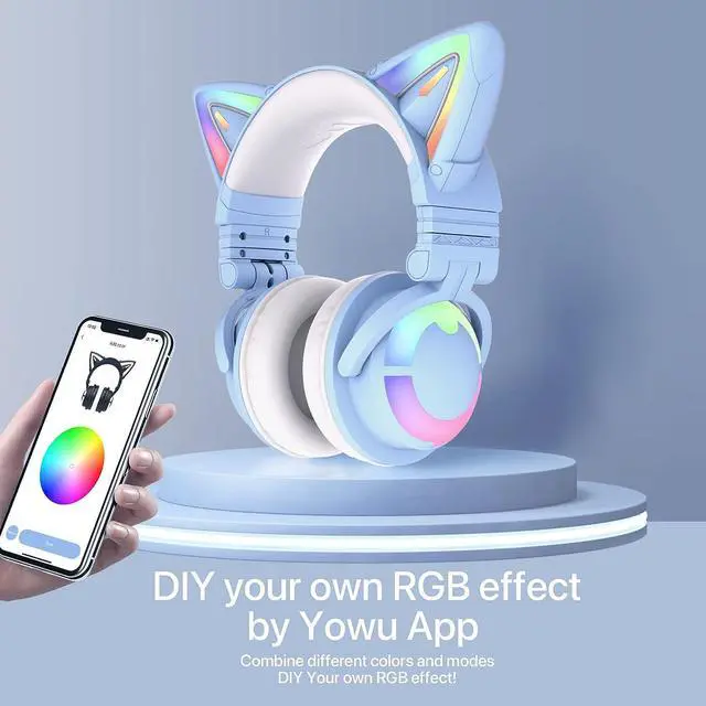 Alt view image 5 of 7 - YOWU RGB Cat Ear Headphone 3G Wireless 5.0 Foldable Gaming Pink Headset with 7.1 Surround Sound, Built-in Mic & Customizable Lighting and Effect via APP, Type-C Charging Audio Cable -Blue