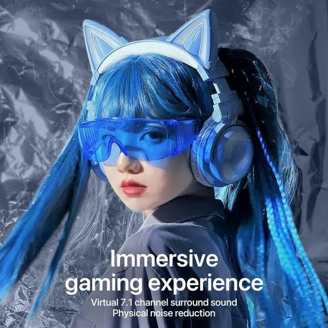 Alt view image 4 of 7 - YOWU RGB Cat Ear Headphone 3G Wireless 5.0 Foldable Gaming Pink Headset with 7.1 Surround Sound, Built-in Mic & Customizable Lighting and Effect via APP, Type-C Charging Audio Cable -Blue