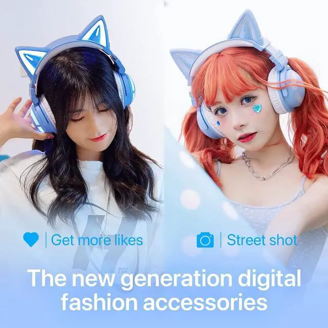 Alt view image 3 of 7 - YOWU RGB Cat Ear Headphone 3G Wireless 5.0 Foldable Gaming Pink Headset with 7.1 Surround Sound, Built-in Mic & Customizable Lighting and Effect via APP, Type-C Charging Audio Cable -Blue