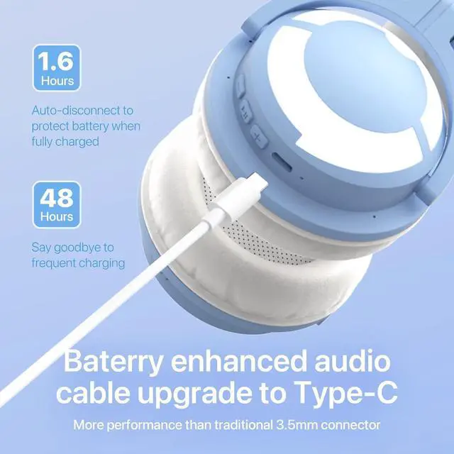 Alt view image 7 of 7 - YOWU RGB Cat Ear Headphone 3G Wireless 5.0 Foldable Gaming Pink Headset with 7.1 Surround Sound, Built-in Mic & Customizable Lighting and Effect via APP, Type-C Charging Audio Cable -Blue