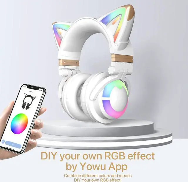 Alt view image 5 of 7 - YOWU RGB Cat Ear Headphone 3G Wireless 5.0 Foldable Gaming Headset with 7.1 Surround Sound, Built-in Mic & Customizable Lighting and Effect via APP, Type-C Charging Audio Cable - White