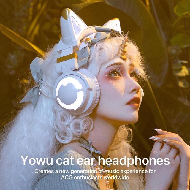YOWU RGB Cat Ear Headphone 3G Wireless 5.0 Foldable Gaming Pink