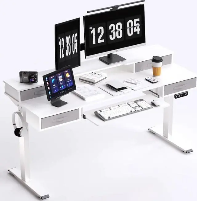 Main image of 55" x 24" Electric Standing Desk, Multifunctional Standing Desk Adjustable Height, 55 * 24 Standing Desk with 4 Drawers, Ergonomic Adjustable Standing Desk with Keyboard Tray, White