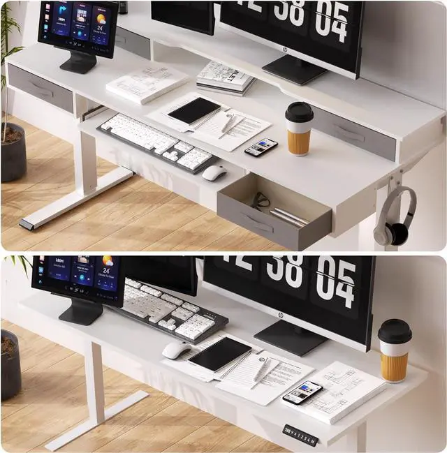 Alt view image 5 of 7 - 55" x 24" Electric Standing Desk, Multifunctional Standing Desk Adjustable Height, 55 * 24 Standing Desk with 4 Drawers, Ergonomic Adjustable Standing Desk with Keyboard Tray, White
