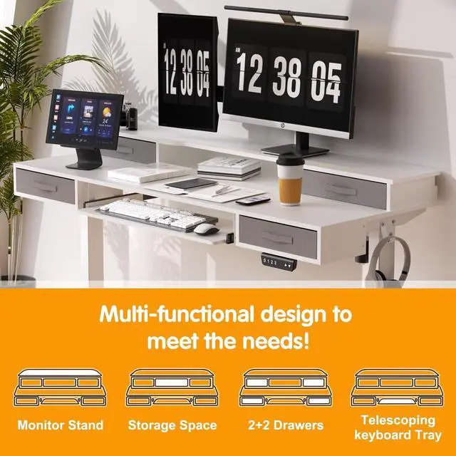 Alt view image 4 of 7 - 55" x 24" Electric Standing Desk, Multifunctional Standing Desk Adjustable Height, 55 * 24 Standing Desk with 4 Drawers, Ergonomic Adjustable Standing Desk with Keyboard Tray, White