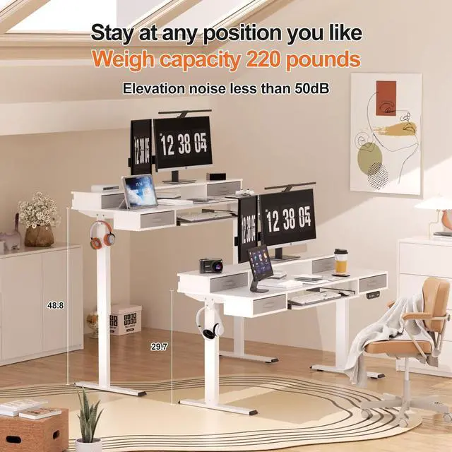 Alt view image 7 of 7 - 55" x 24" Electric Standing Desk, Multifunctional Standing Desk Adjustable Height, 55 * 24 Standing Desk with 4 Drawers, Ergonomic Adjustable Standing Desk with Keyboard Tray, White