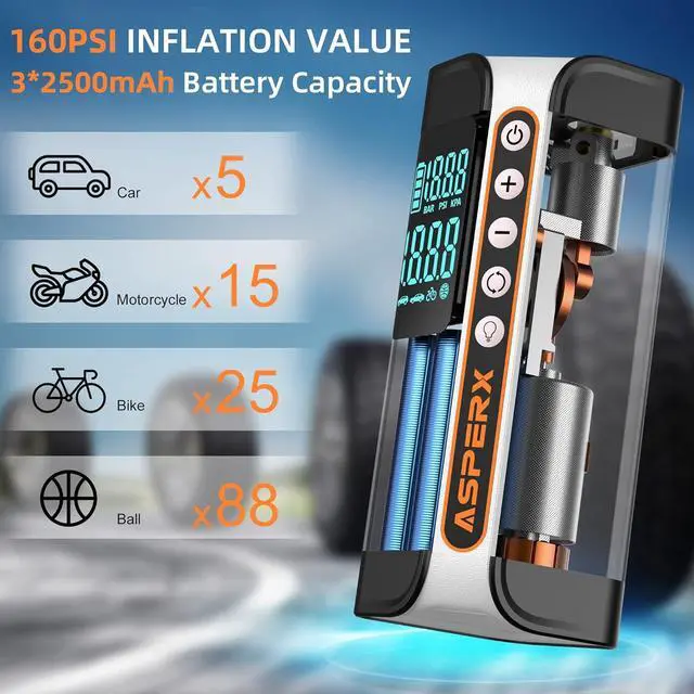 Alt view image 4 of 7 - Tire Inflator Portable Air Compressor, 160PSI Cordless Air Pump for Car Tires, 2X Faster Air inflator with Pressure Detection, Portable Tire Pump with LED Light for Car Bike Motor Ball