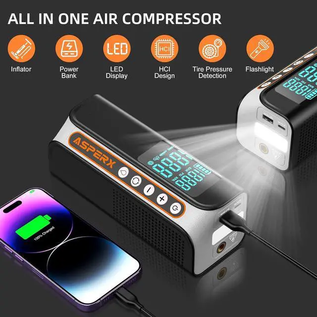 Alt view image 5 of 7 - Tire Inflator Portable Air Compressor, 160PSI Cordless Air Pump for Car Tires, 2X Faster Air inflator with Pressure Detection, Portable Tire Pump with LED Light for Car Bike Motor Ball