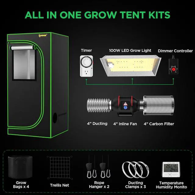 Alt view image 7 of 7 - Grow Tent Kit Complete System 2x2 ft LED Grow Light Dimmable Full Spectrum Indoor Grow Tent Kit 24"x24"x55" Hydroponics Grow Tent with 4 Inch Ventilation Kit