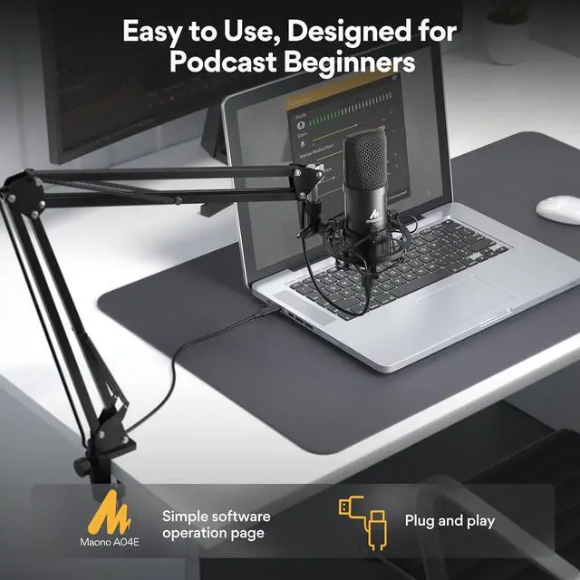 Alt view image 4 of 7 - MAONO Podcast Microphone, USB Computer Mic for PC with Software, Boom Arm and Professional Sound Chipset for Singing, Recording, Streaming, Gaming, YouTube - Black