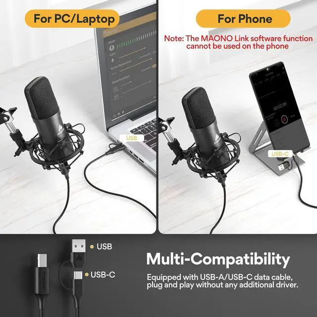 Alt view image 6 of 7 - MAONO Podcast Microphone, USB Computer Mic for PC with Software, Boom Arm and Professional Sound Chipset for Singing, Recording, Streaming, Gaming, YouTube - Black