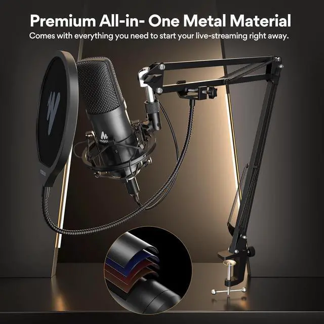 Alt view image 7 of 7 - MAONO Podcast Microphone, USB Computer Mic for PC with Software, Boom Arm and Professional Sound Chipset for Singing, Recording, Streaming, Gaming, YouTube - Black