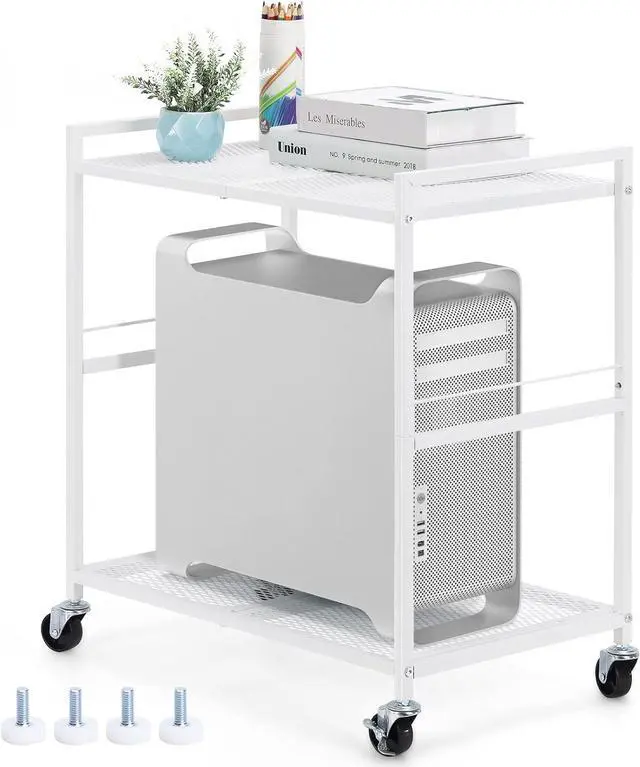 Main image of Computer Tower Stand PC Tower Stand, Mobile CPU Holder Stand Cart with Caster Wheels Metal 2 Tier Rolling Printer Cart for Fax Home Office - White