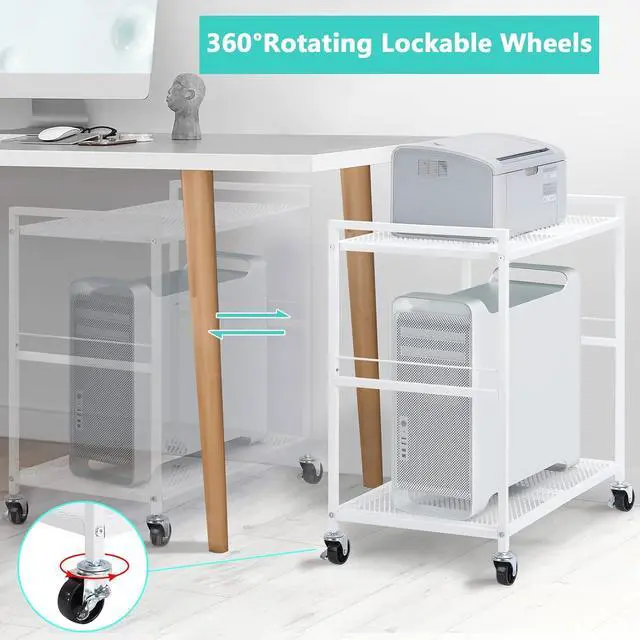 Alt view image 2 of 7 - Computer Tower Stand PC Tower Stand, Mobile CPU Holder Stand Cart with Caster Wheels Metal 2 Tier Rolling Printer Cart for Fax Home Office - White