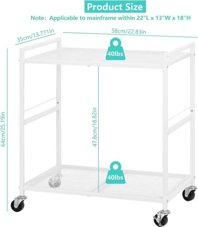 Alt view image 7 of 7 - Computer Tower Stand PC Tower Stand, Mobile CPU Holder Stand Cart with Caster Wheels Metal 2 Tier Rolling Printer Cart for Fax Home Office - White