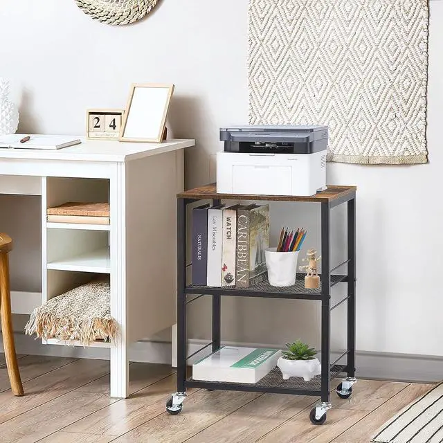 Alt view image 2 of 7 - Printer Stand Industrial Printer Cart with Wheels Printer Table with Storage 3-Tier Printer Rolling Holder with Shelves Wood Mobile Printer Stand Rack for Home Office Rustic Brown