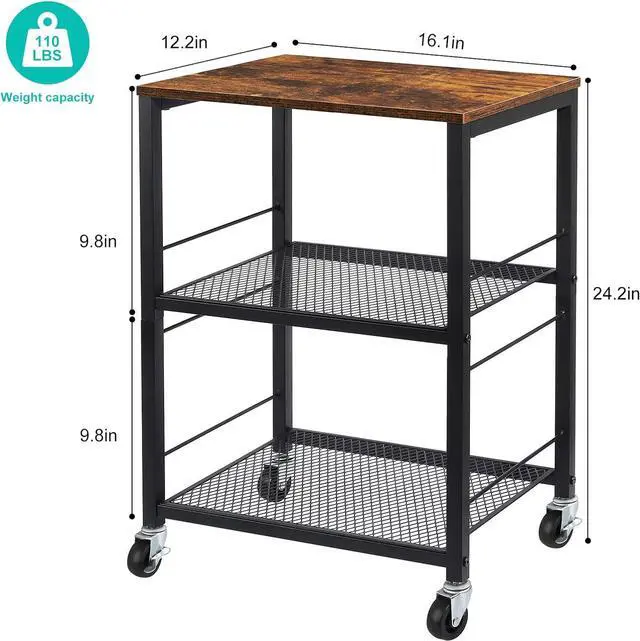 Alt view image 7 of 7 - Printer Stand Industrial Printer Cart with Wheels Printer Table with Storage 3-Tier Printer Rolling Holder with Shelves Wood Mobile Printer Stand Rack for Home Office Rustic Brown