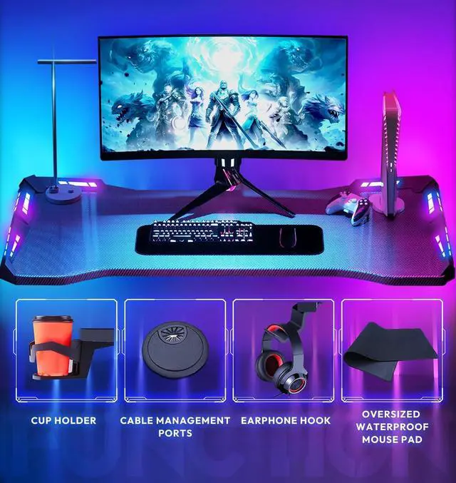 Alt view image 6 of 7 - 48" Gaming Desk with LED Lights, RGB Gaming Computer Table with Carbon Fibre Surface, LED Home Office Desk with Remote Control, Pc Workstation with Cup Holder and Headphone Hook, 48 Inch, Black