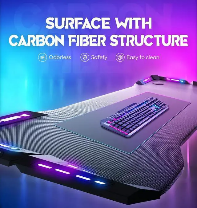 Alt view image 7 of 7 - 48" Gaming Desk with LED Lights, RGB Gaming Computer Table with Carbon Fibre Surface, LED Home Office Desk with Remote Control, Pc Workstation with Cup Holder and Headphone Hook, 48 Inch, Black