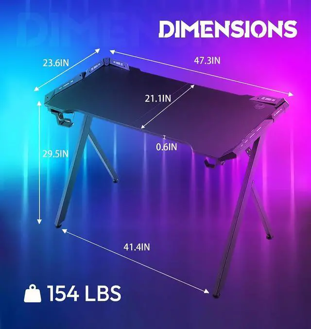 Alt view image 3 of 7 - 48" Gaming Desk with LED Lights, RGB Gaming Computer Table with Carbon Fibre Surface, LED Home Office Desk with Remote Control, Pc Workstation with Cup Holder and Headphone Hook, 48 Inch, Black