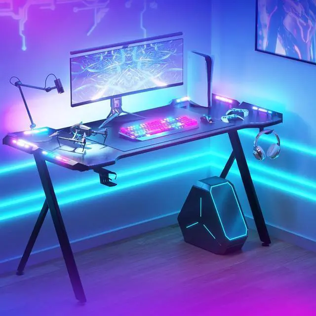 Alt view image 2 of 7 - 48" Gaming Desk with LED Lights, RGB Gaming Computer Table with Carbon Fibre Surface, LED Home Office Desk with Remote Control, Pc Workstation with Cup Holder and Headphone Hook, 48 Inch, Black