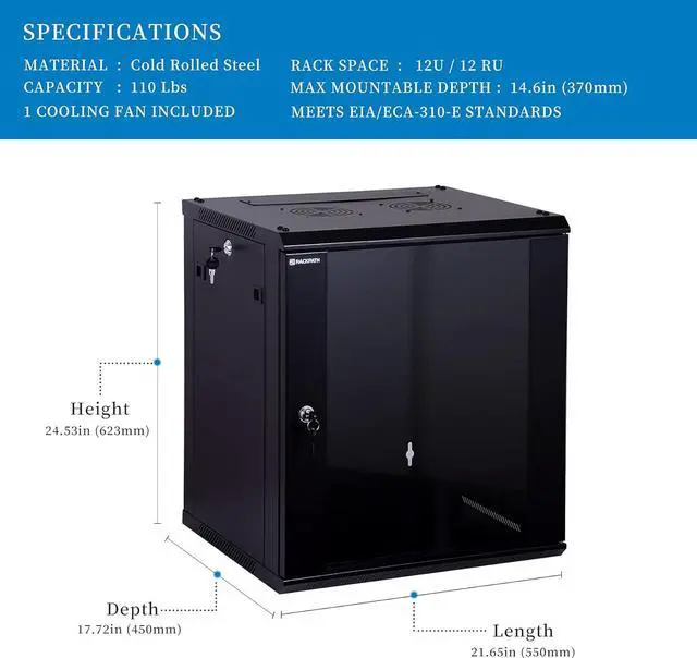 Alt view image 2 of 6 - 12U Performance Wall Mount Server Cabinet Network Rack Enclosure, Quiet Cooling Fan, Locking Glass Door, Black
