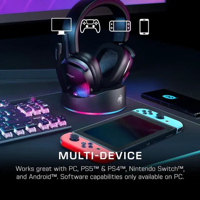 Alt view image 6 of 7 - ROCCAT Syn Max Air PC Wireless 3D Audio RGB Gaming Headset, Simultaneous Wireless & Bluetooth Connections, 16-Hour Battery & Charging Dock, Immersive 3D Audio & AIMO RGB Lighting