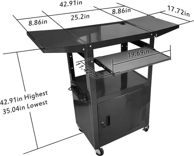 Alt view image 3 of 7 - AV cart with locking cabinet and keyboard tray Height Adjustable Utility Cart with Extra Storage,Computer Cart with Wheels and Power Strip for Presentations Office Holds 300 lbs(Black/43x18x43)