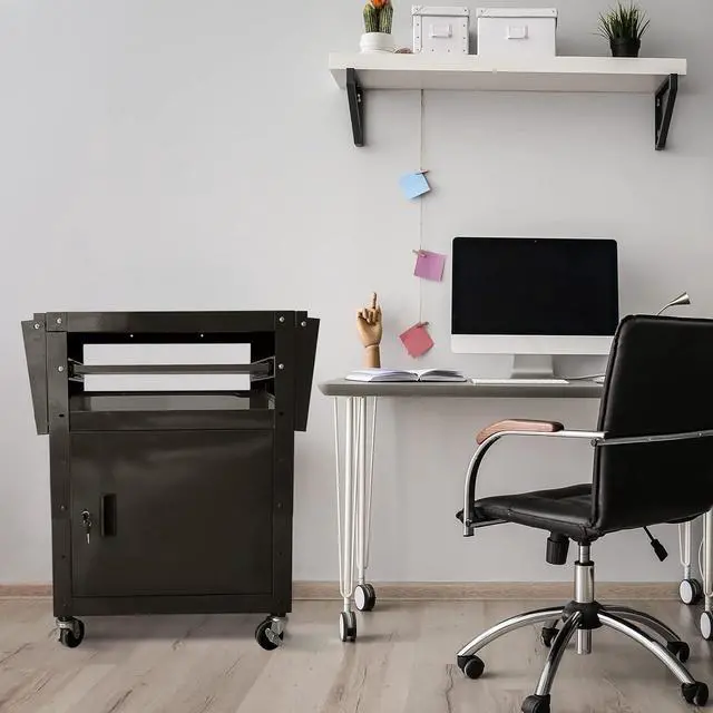 Alt view image 2 of 7 - AV cart with locking cabinet and keyboard tray Height Adjustable Utility Cart with Extra Storage,Computer Cart with Wheels and Power Strip for Presentations Office Holds 300 lbs(Black/43x18x43)