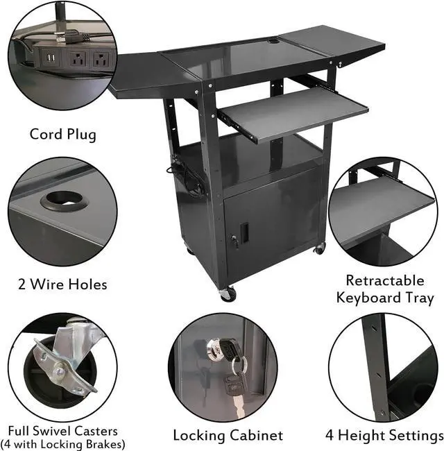 Alt view image 4 of 7 - AV cart with locking cabinet and keyboard tray Height Adjustable Utility Cart with Extra Storage,Computer Cart with Wheels and Power Strip for Presentations Office Holds 300 lbs(Black/43x18x43)