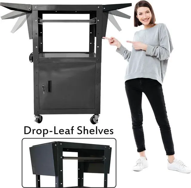 Alt view image 5 of 7 - AV cart with locking cabinet and keyboard tray Height Adjustable Utility Cart with Extra Storage,Computer Cart with Wheels and Power Strip for Presentations Office Holds 300 lbs(Black/43x18x43)