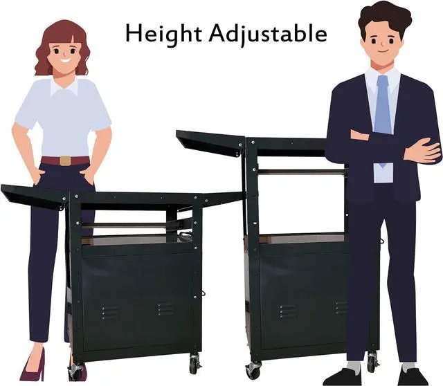 Alt view image 6 of 7 - AV cart with locking cabinet and keyboard tray Height Adjustable Utility Cart with Extra Storage,Computer Cart with Wheels and Power Strip for Presentations Office Holds 300 lbs(Black/43x18x43)