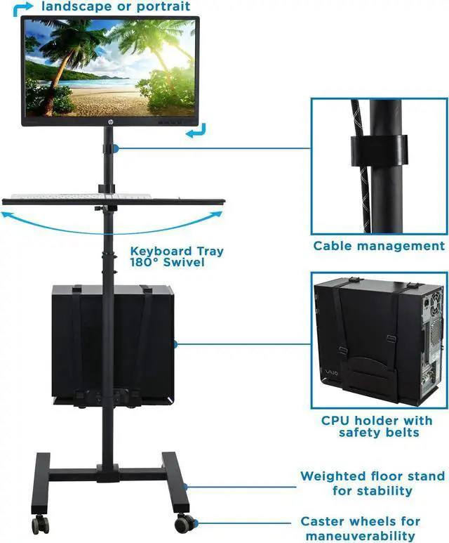Alt view image 4 of 7 - Rolling Computer Cart, Mobile Workstation with Tray Monitor Mount and CPU Holder, Height Adjustable and Mobile Stand for Office and Industrial Use - Perfect for Any Workspace
