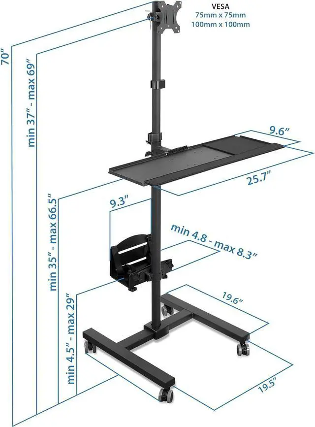 Alt view image 3 of 7 - Rolling Computer Cart, Mobile Workstation with Tray Monitor Mount and CPU Holder, Height Adjustable and Mobile Stand for Office and Industrial Use - Perfect for Any Workspace