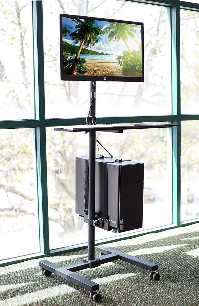 Alt view image 2 of 7 - Rolling Computer Cart, Mobile Workstation with Tray Monitor Mount and CPU Holder, Height Adjustable and Mobile Stand for Office and Industrial Use - Perfect for Any Workspace