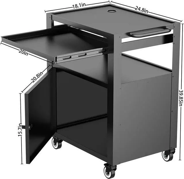 Alt view image 3 of 4 - AV Cart with Keyboard Tary and Locking Cabinet Laptop Cart on Wheels Utility Cart and Pullout Tray - Max Capacity 350 lbs(24.8''L x 18.1''W x 39.8''H)