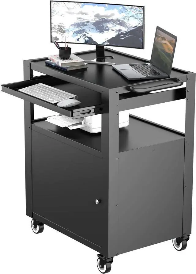 Main image of AV Cart with Keyboard Tary and Locking Cabinet Laptop Cart on Wheels Utility Cart and Pullout Tray - Max Capacity 350 lbs(24.8''L x 18.1''W x 39.8''H)