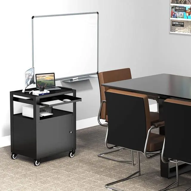 Alt view image 2 of 4 - AV Cart with Keyboard Tary and Locking Cabinet Laptop Cart on Wheels Utility Cart and Pullout Tray - Max Capacity 350 lbs(24.8''L x 18.1''W x 39.8''H)