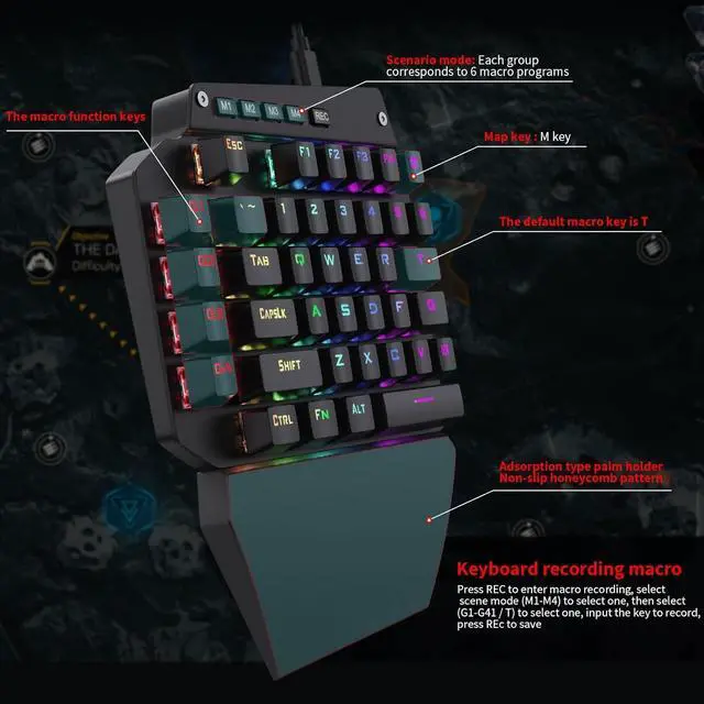 Alt view image 2 of 7 - One Handed Mechanical Gaming Keyboard Wired, RGB Led Backlit, 6 Onboard Macro Keys, Detachable Wrist Rest, Blue Switch - Clicky, and Detachable Type C Cable, Metal Panel, All Keys No Conflict